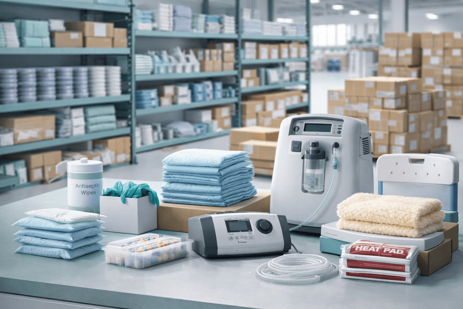 Medical supplies displayed in a warehouse setting